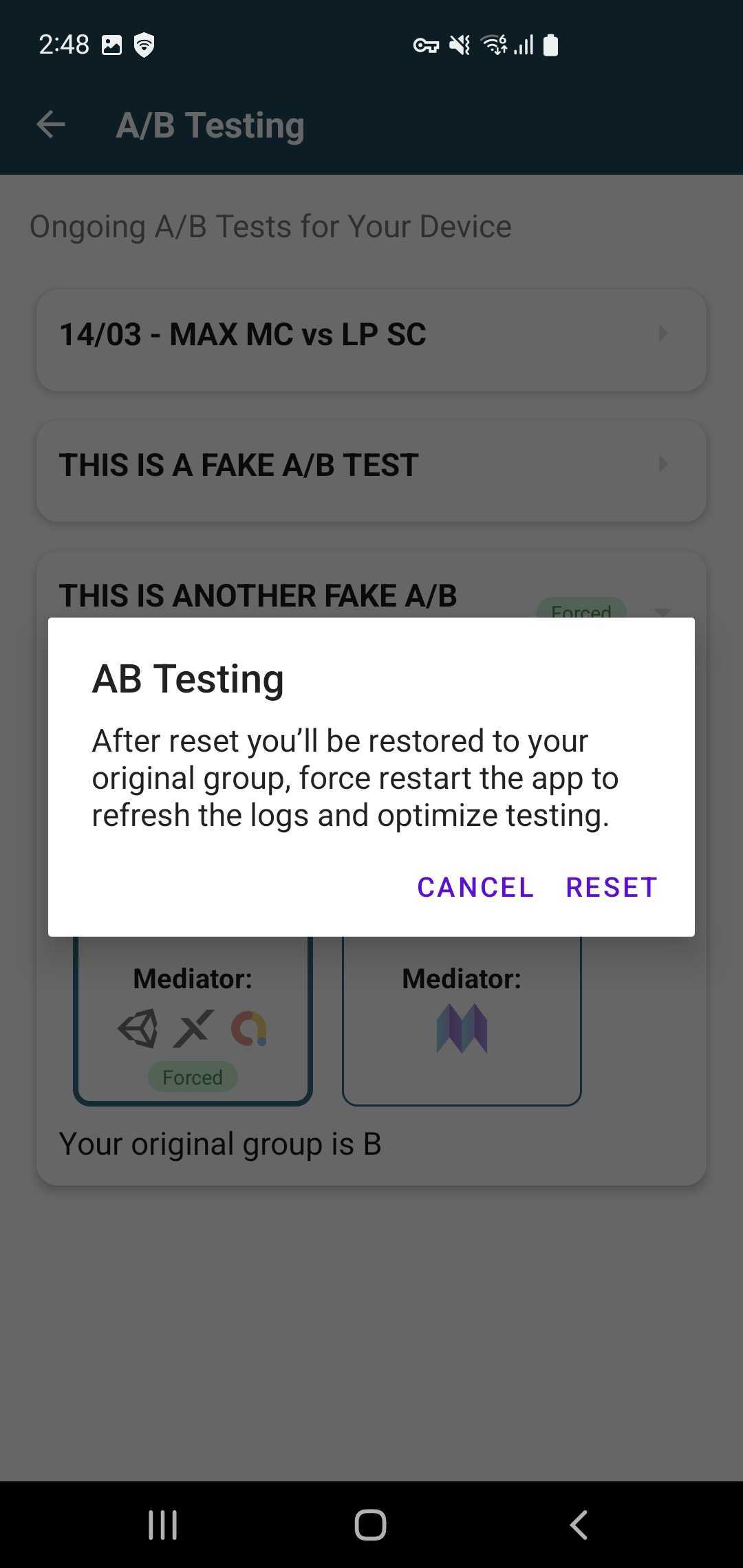 Reset A/B Test from list