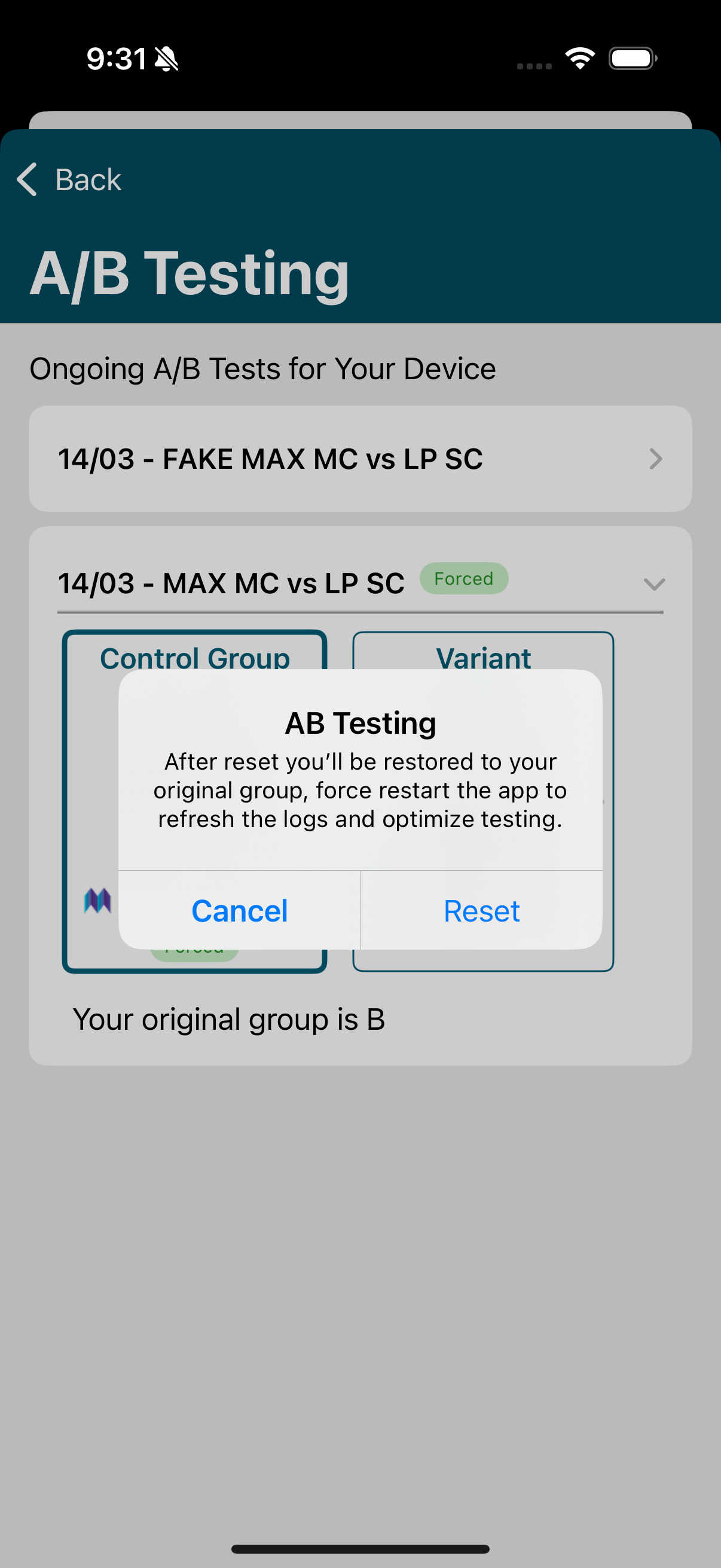 Reset A/B Test from list