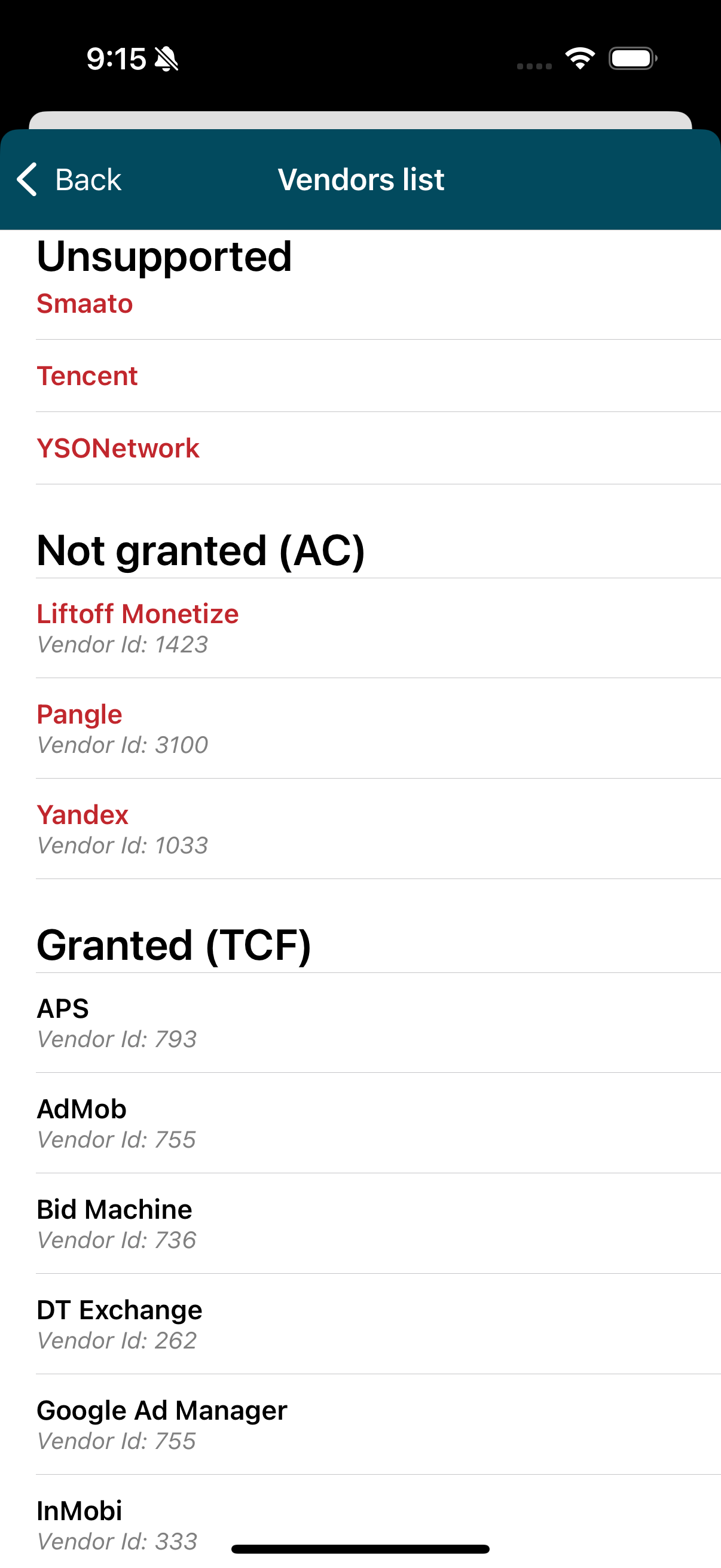 Privacy Settings Vendors List