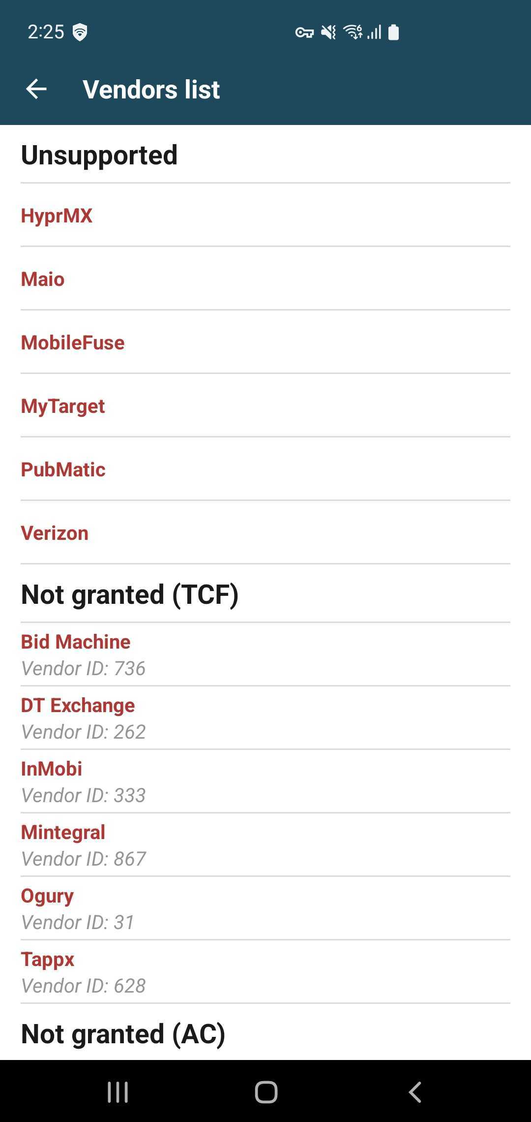 Privacy Settings Vendors List